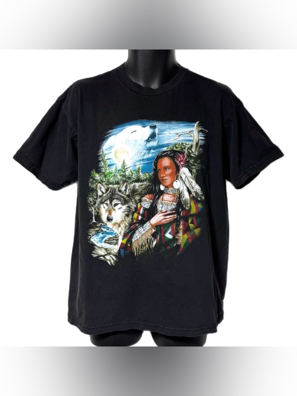 Vintage 90s Wolf Native Western Graphic T Shirt Southwest Biker Nature Black L